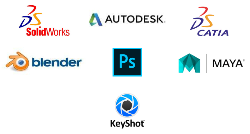 CAD軟體包含solidworks, Autodesk, CATIA, MAYA, Keyshotm Blender等